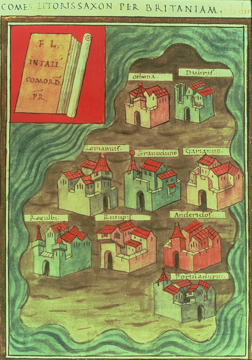 "Comes Litoris Saxon Per Britaniam", mapa anglo-saxónico, c.950 d.C. (impressão) de Anglo-Saxon Anglo-Saxon