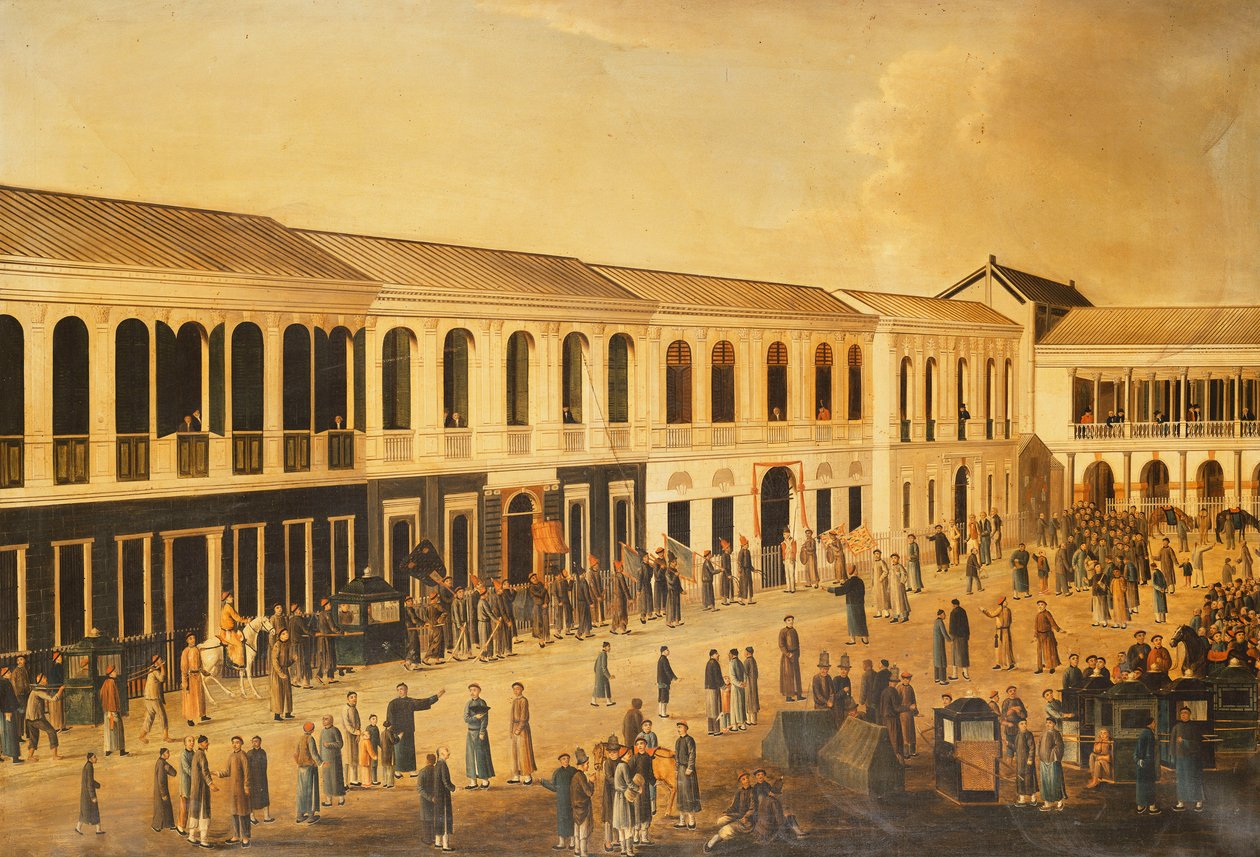 Uma vista dos Hongs à beira-mar em Canton, c. 1825 de Anglo Chinese School