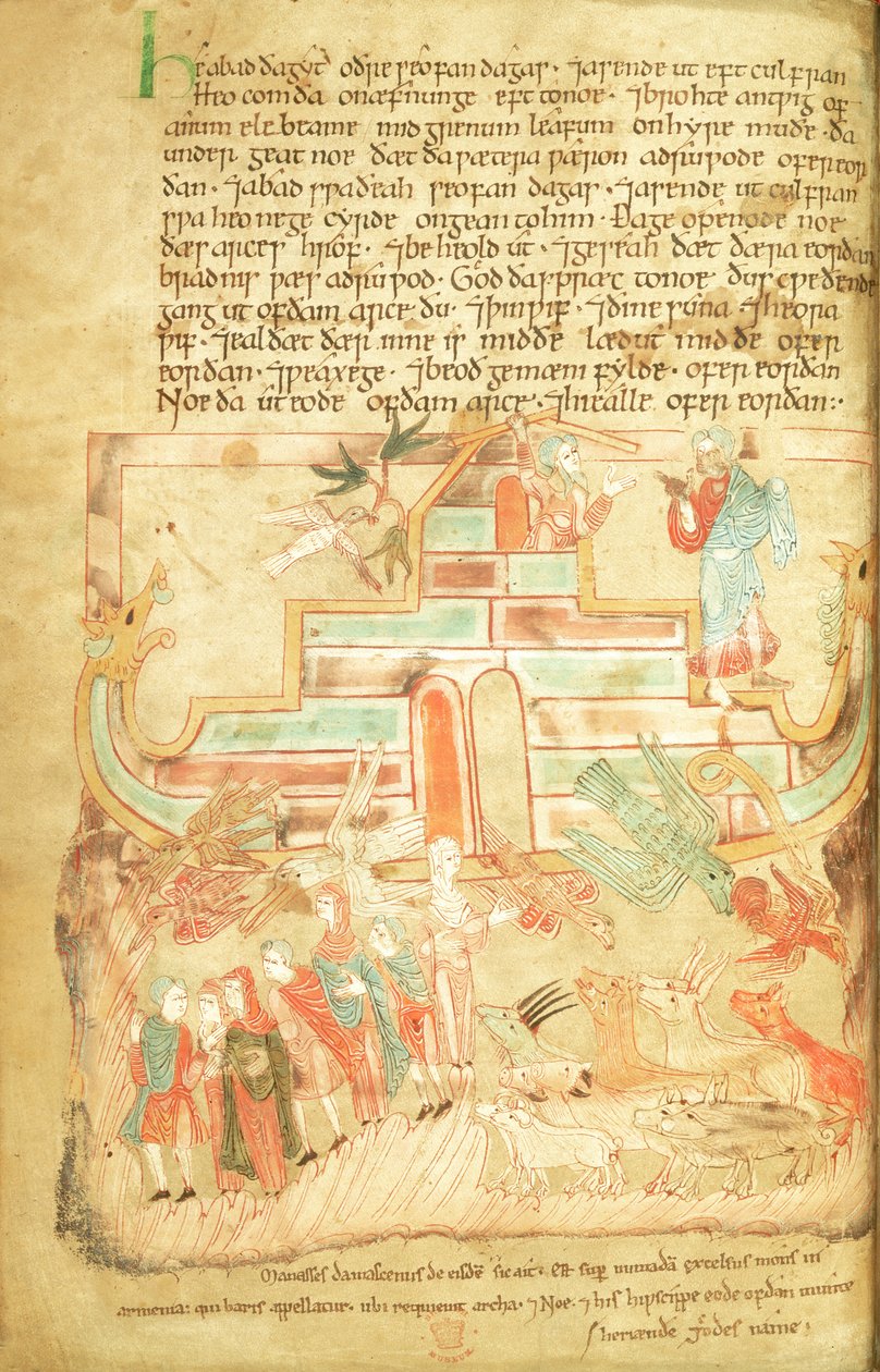 Cott Claud B IV f.15v Noé e família que deixa a Arca, do Pentateuco Aelfric, de Santo Agostinho, Canterbury de Anglo Saxon