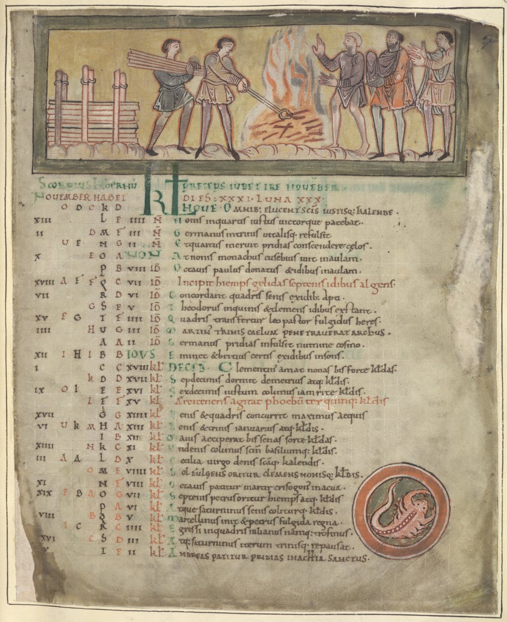 Cotton Tiberius B. V. Parte 1 f.8 Aquecimento e ferraria, novembro a partir de um calendário, Winchester (?) segundo quartel do século XI (velino) de Anglo Saxon