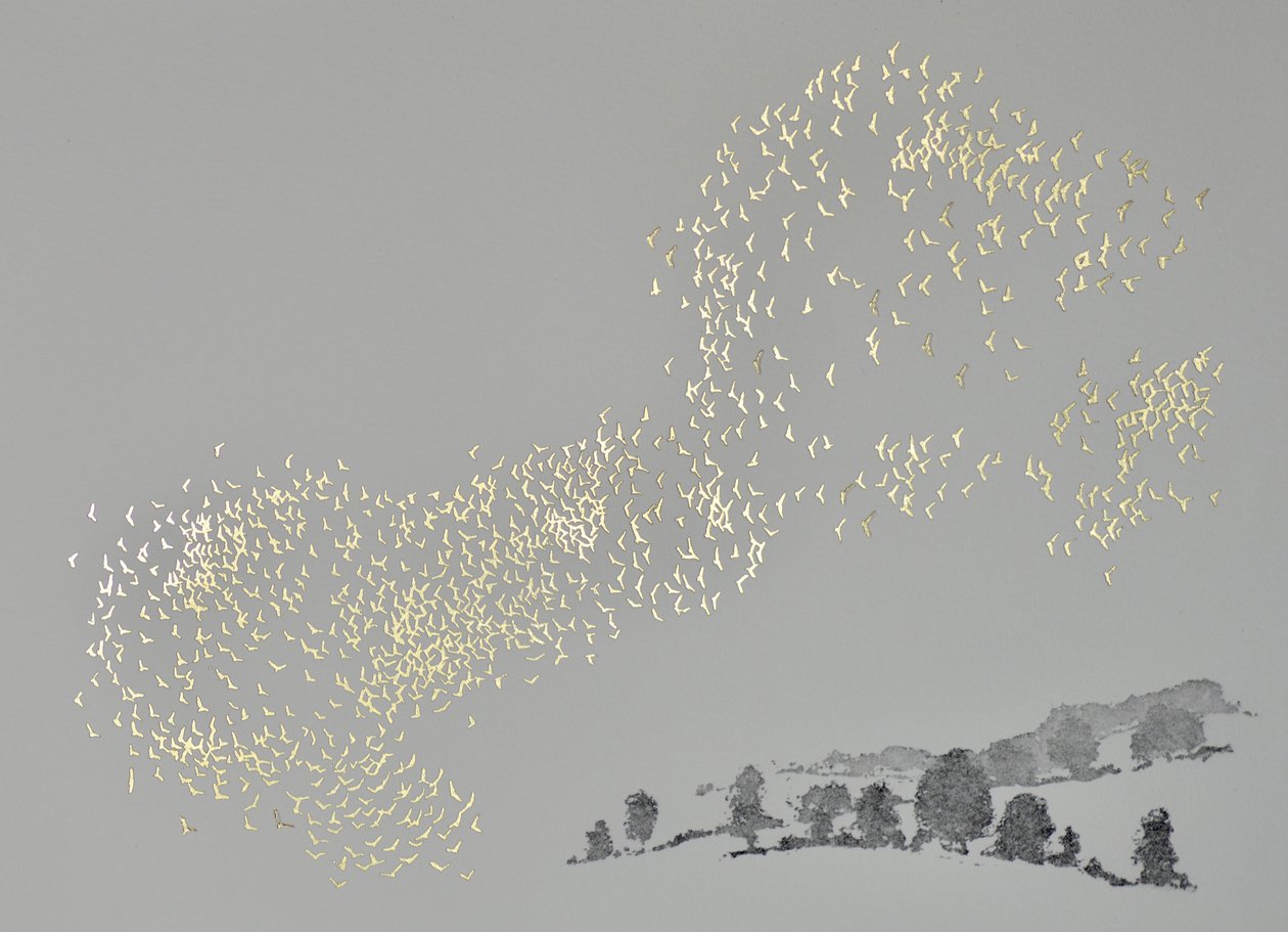 Fuga, 2017 (carimbos de folha aquática e de folha quente em papel) de angus hampel