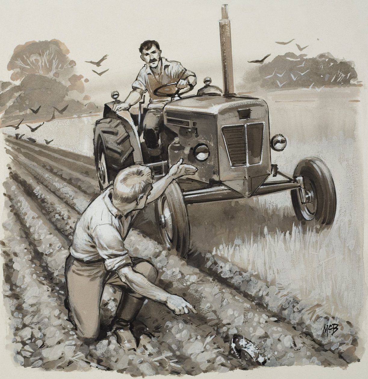 Agricultor à descoberta de uma relíquia de antiquário (guache sobre papel) de Angus McBride