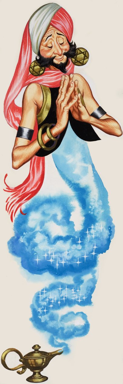 O Génio a sair da sua lâmpada, ilustração de "Aladino e a sua Lâmpada Maravilhosa" (guache sobre papel) de Angus McBride