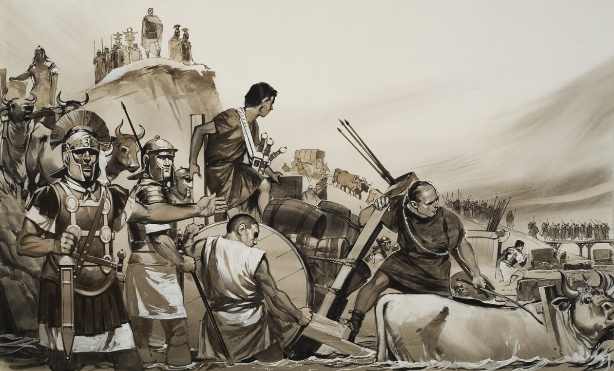 Júlio César (100-44 a.C.) conduziu os seus soldados através do pequeno rio Rubicão e marchou sobre Roma (guache sobre papel) de Angus McBride