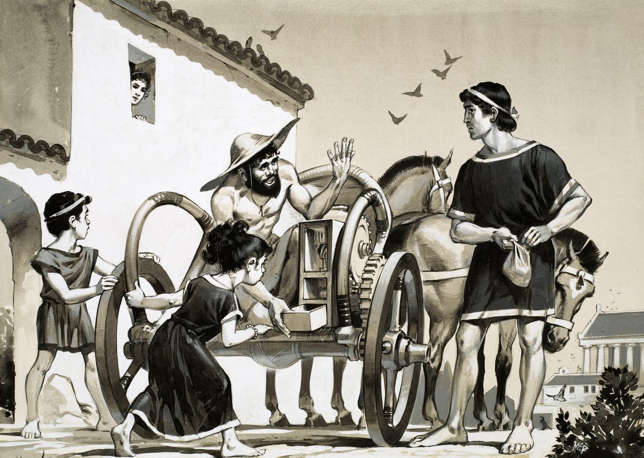 Comerciante que vendia artigos na parte de trás de uma carruagem na época romana de Angus McBride