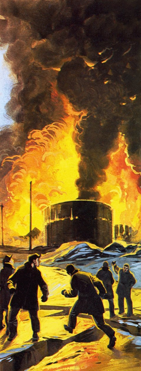 Tanques de petróleo a arder em Seward após o terramoto de Anchorage de 1964 de Angus McBride
