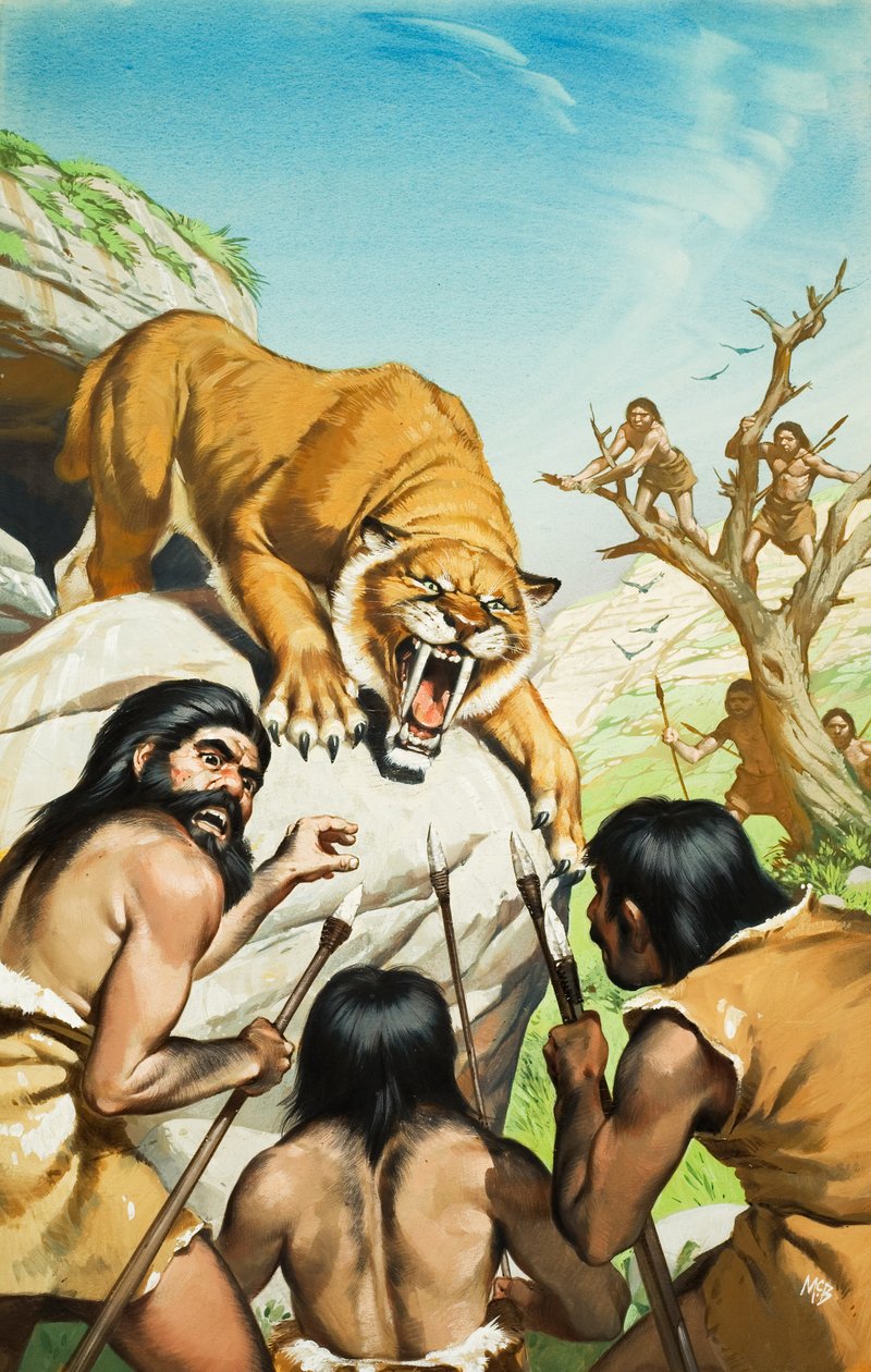 Tigre dentes-de-sabre e homens das cavernas (guache sobre papel) de Angus McBride