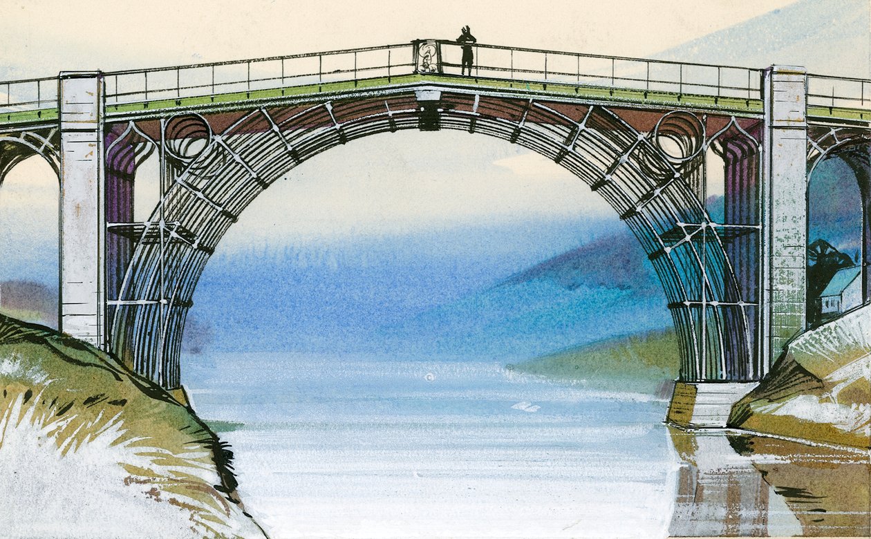 A primeira ponte de ferro na Grã-Bretanha, em Ironbridge Gorge de Angus McBride