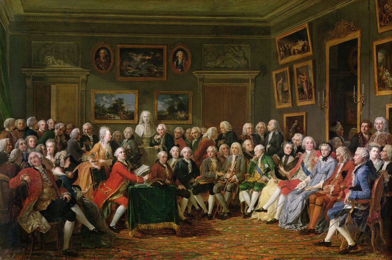 Primeira leitura de Mme Geoffrin, da tragédia de Voltaire &39;L&39;Orphelin de la Chine&39;, 1755 de Anicet Charles Lemonnier
