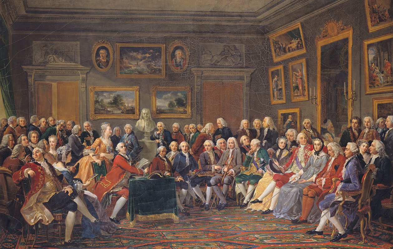 Primeira leitura de Mme Geoffrin, da tragédia de Voltaire &39;L&39;Orphelin de la Chine&39;, 1755 de Anicet Charles Lemonnier