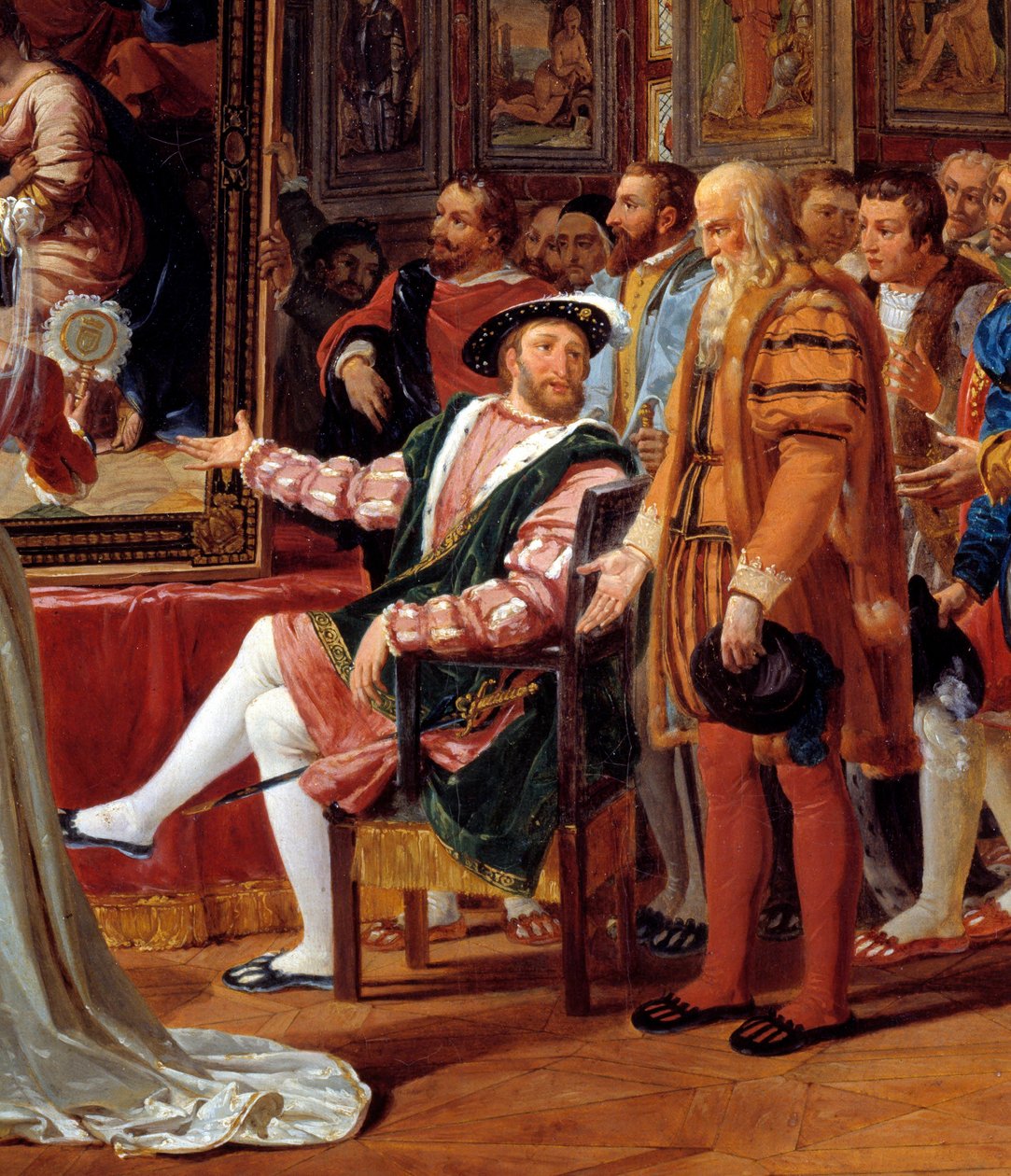 Detalhe do quadro: O século de François I: François 1º Rei de França recebe em Fontainebleau o quadro da Sagrada Família, enviado de Roma por Rafael (pintor italiano Raffaello sanzio) em homenagem à sua gratidão. Leonard de Vinci (Leonar de Anicet Charles Gabriel Lemonnier