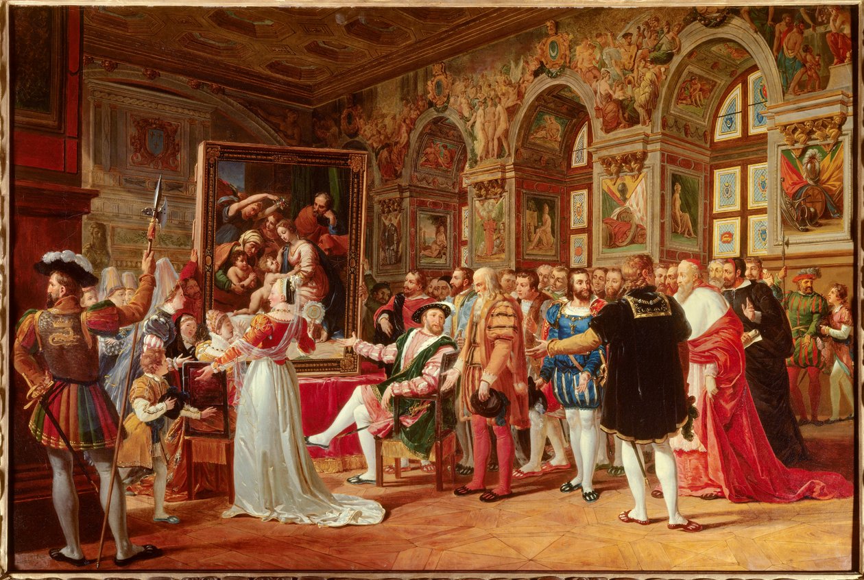 O século de François 1: François 1º Rei de França recebeu em Fontainebleau o quadro da Sagrada Família, enviado de Roma por Rafael (pintor italiano Raffaello sanzio) em homenagem à sua gratidão. Ao seu lado distinguimos: (Parte à esquerda ou à esquerda do  de Anicet Charles Gabriel Lemonnier
