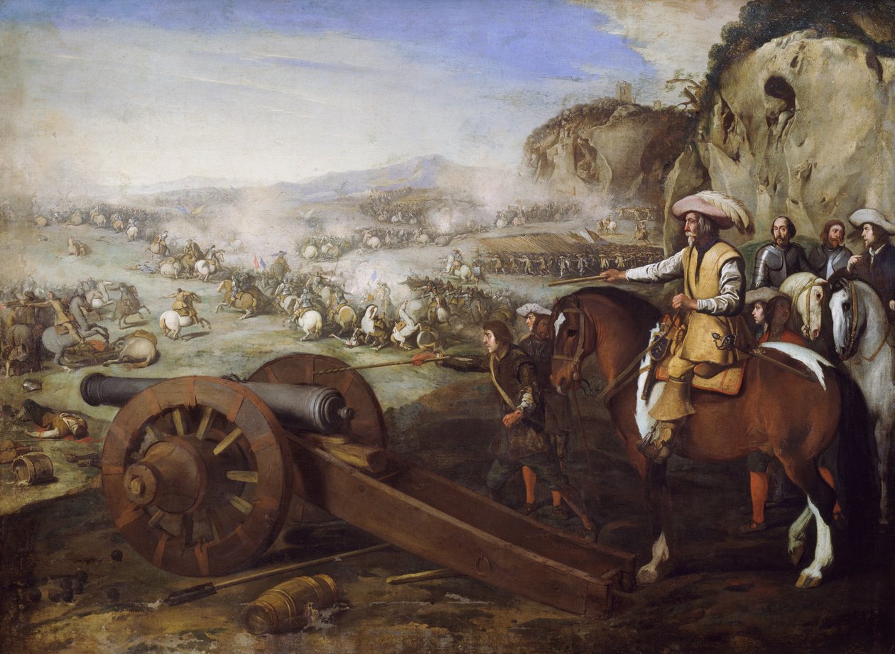 Capitão a cavalo a mandar disparar canhão durante a batalha, pintura de Aniello Falcone (1607-1656), óleo sobre tela, 94x131 cm de Aniello Falcone