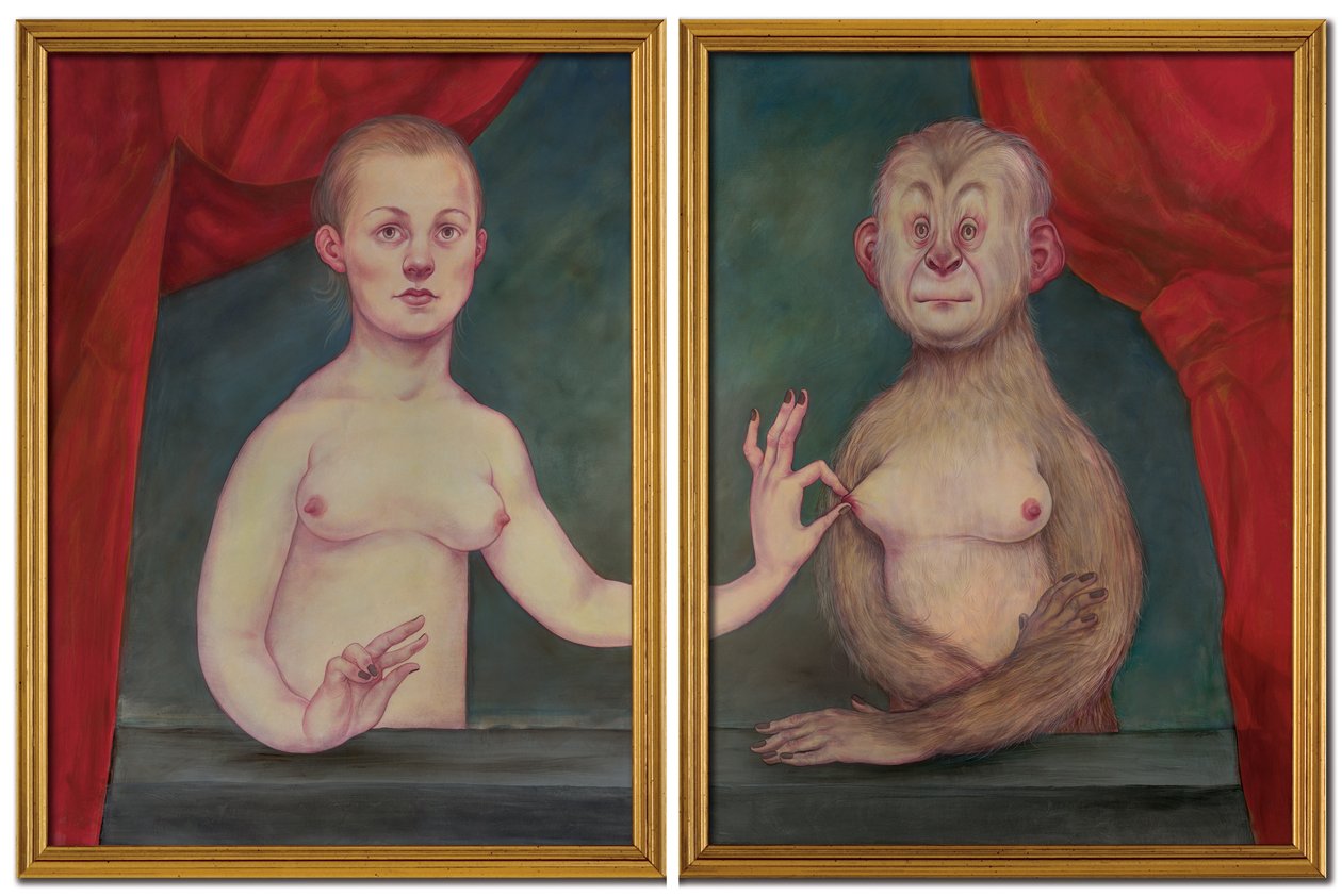 Simia And One Of Her Sisters, 2018 (tinta acrílica sobre placa de ilustração) de Anita Kunz