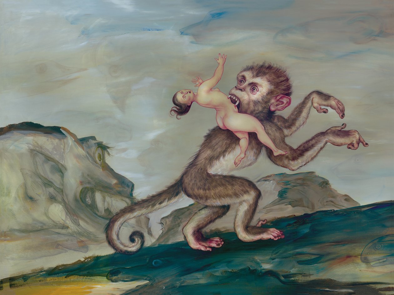 Woman Carried Off By Her Primate, 2018 (tinta acrílica sobre placa de ilustração) de Anita Kunz