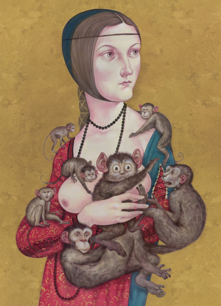Mulher com macacos, 2016 (tinta acrílica sobre placa de ilustração) de Anita Kunz