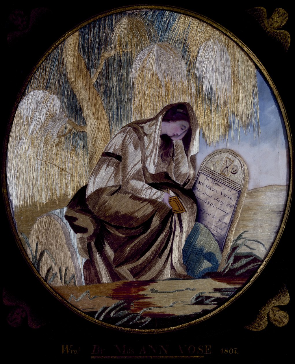 Memorial Embroidered Picture, 1807 (seda, papel aplicado, aquarela e tinta) de Ann Vose