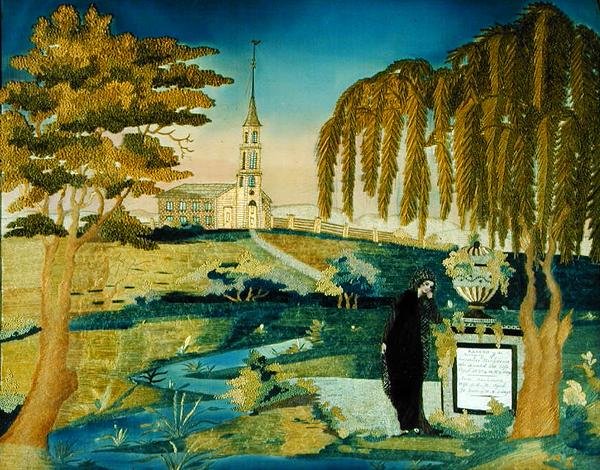 Mulher em pé no memorial ao marido do artista, c.1800-20 (seda) de Ann D. Beckman