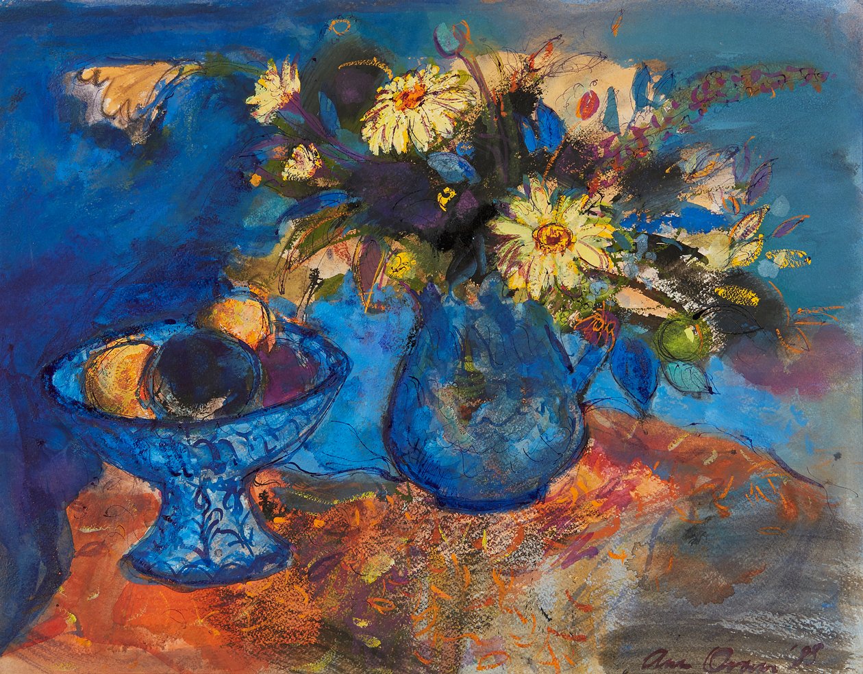 Flores e frutas em azul e laranja (tinta e aquarela) de Ann Oram