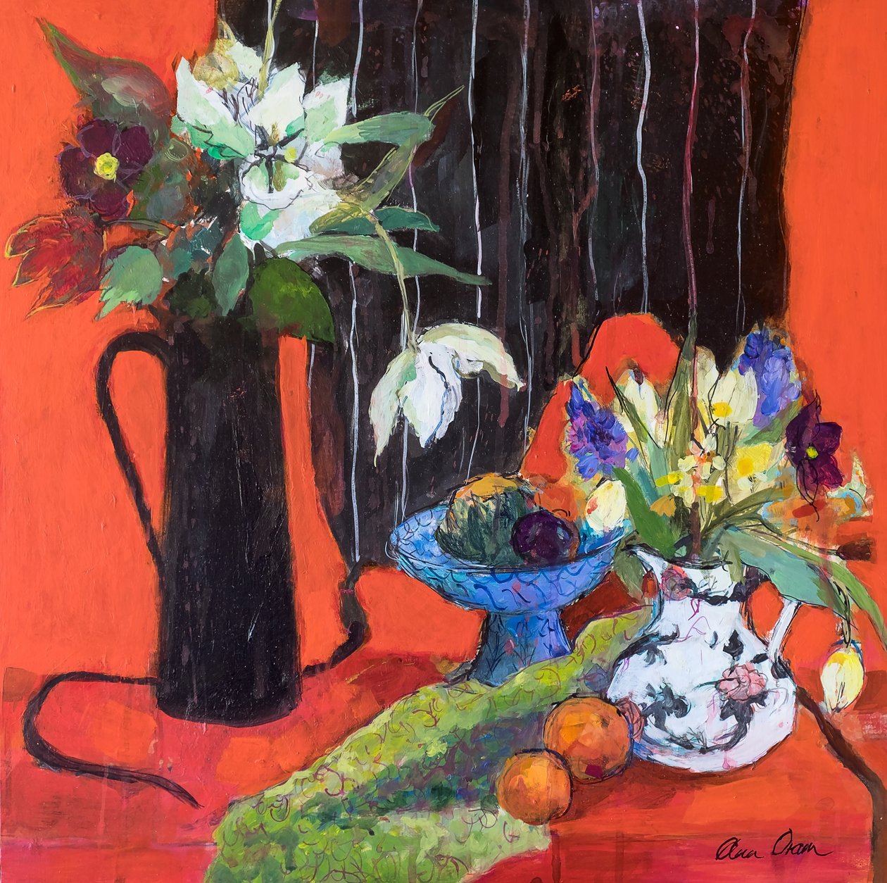 Cozinha ainda vida em vermelho, 2019 (acrílico) de Ann Oram