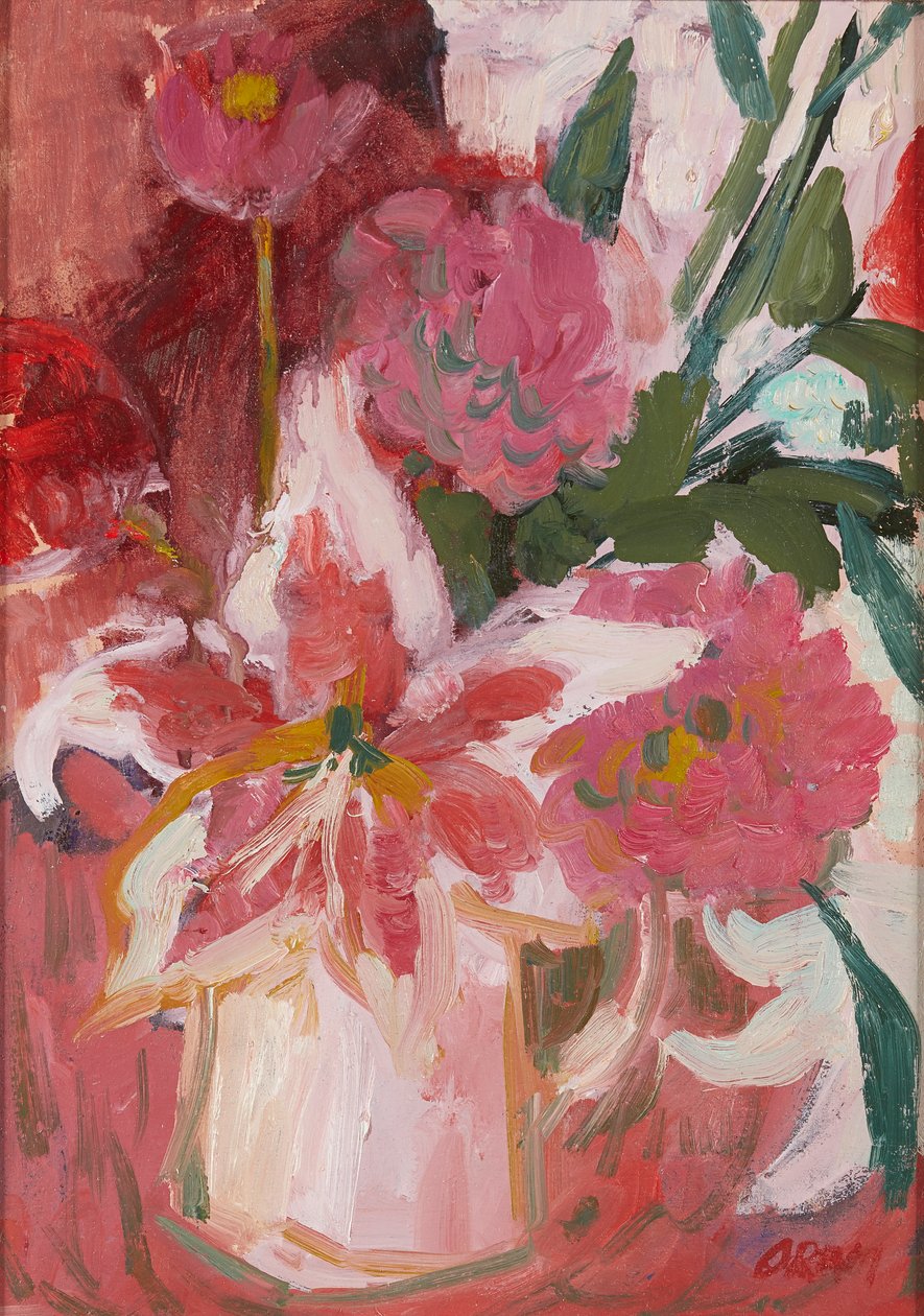 Natureza-morta rosa (óleo a bordo) de Ann Oram