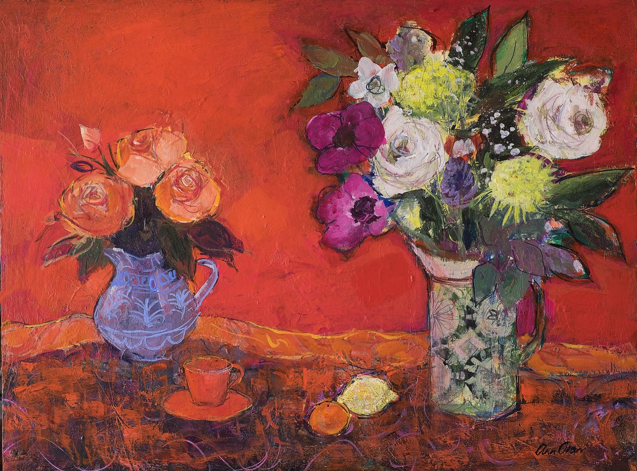 Dois jarros de flores em vermelho, 2019 (acrílico) de Ann Oram