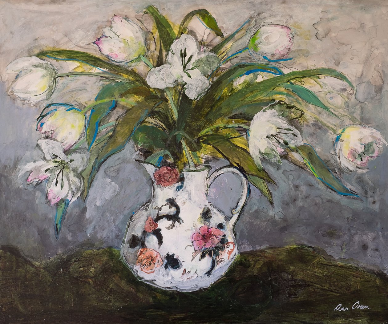 Tulipas brancas em um jarro de pedra de ferro, 2019 (acrílico) de Ann Oram