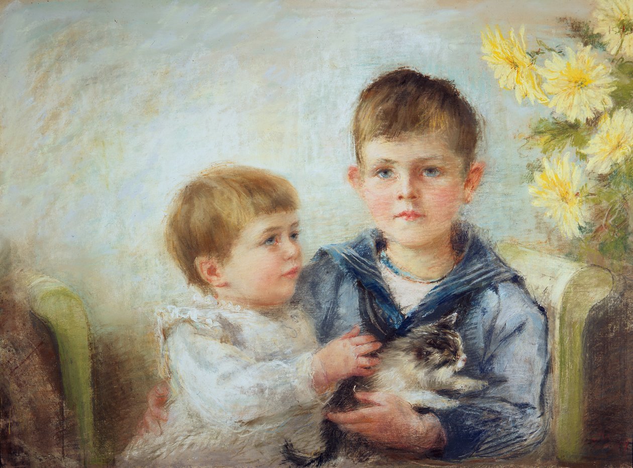 Um menino e uma menina com um gatinho, 1889 (pastel sobre papel) de Anna Lea Merritt