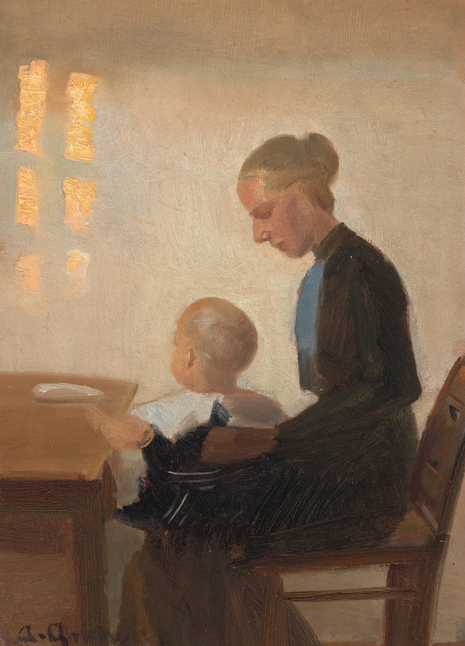 Um interior com uma mãe e um filho. de Anna Ancher