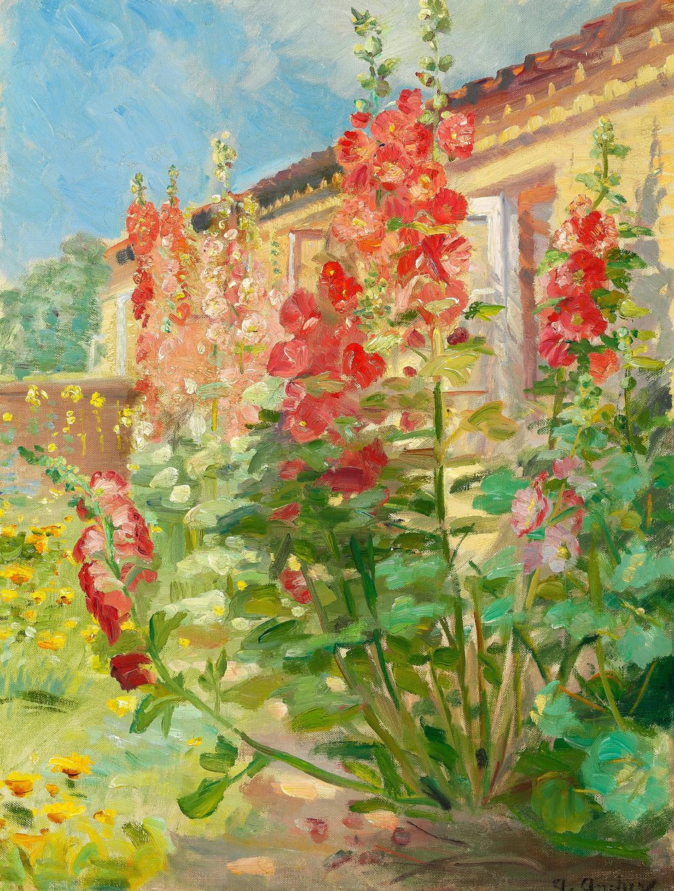 Malvas-rosa no jardim da família Ancher, em Markvej, Skagen. de Anna Ancher