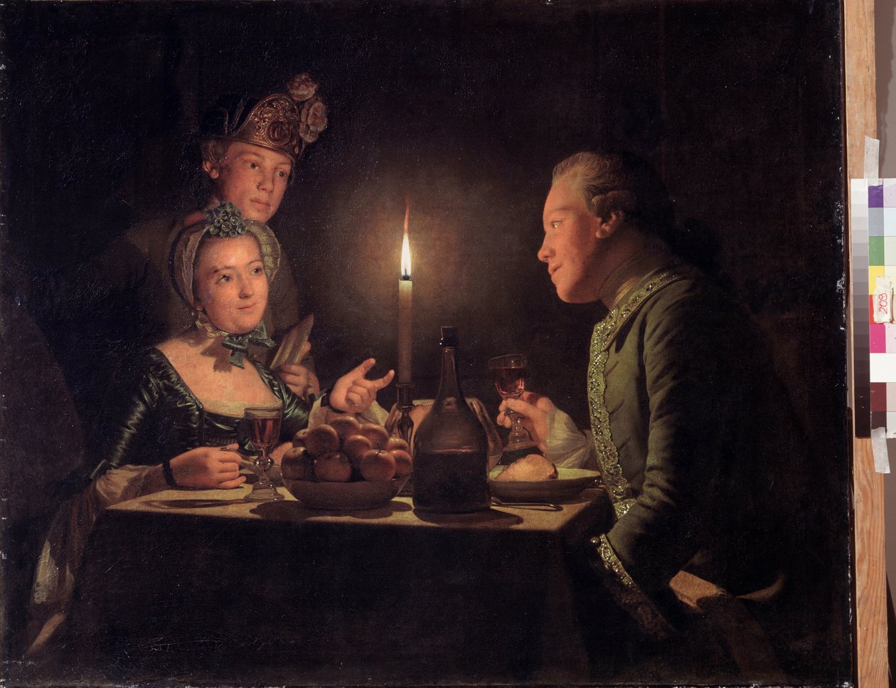 Jantar à luz de velas (Ceia à luz de velas). Pintura de Anna Dorothea Therbusch Lisiewska (1721-1782). Óleo sobre tela, 95,5 x 117 cm de Anna Dorothea Lisiewska