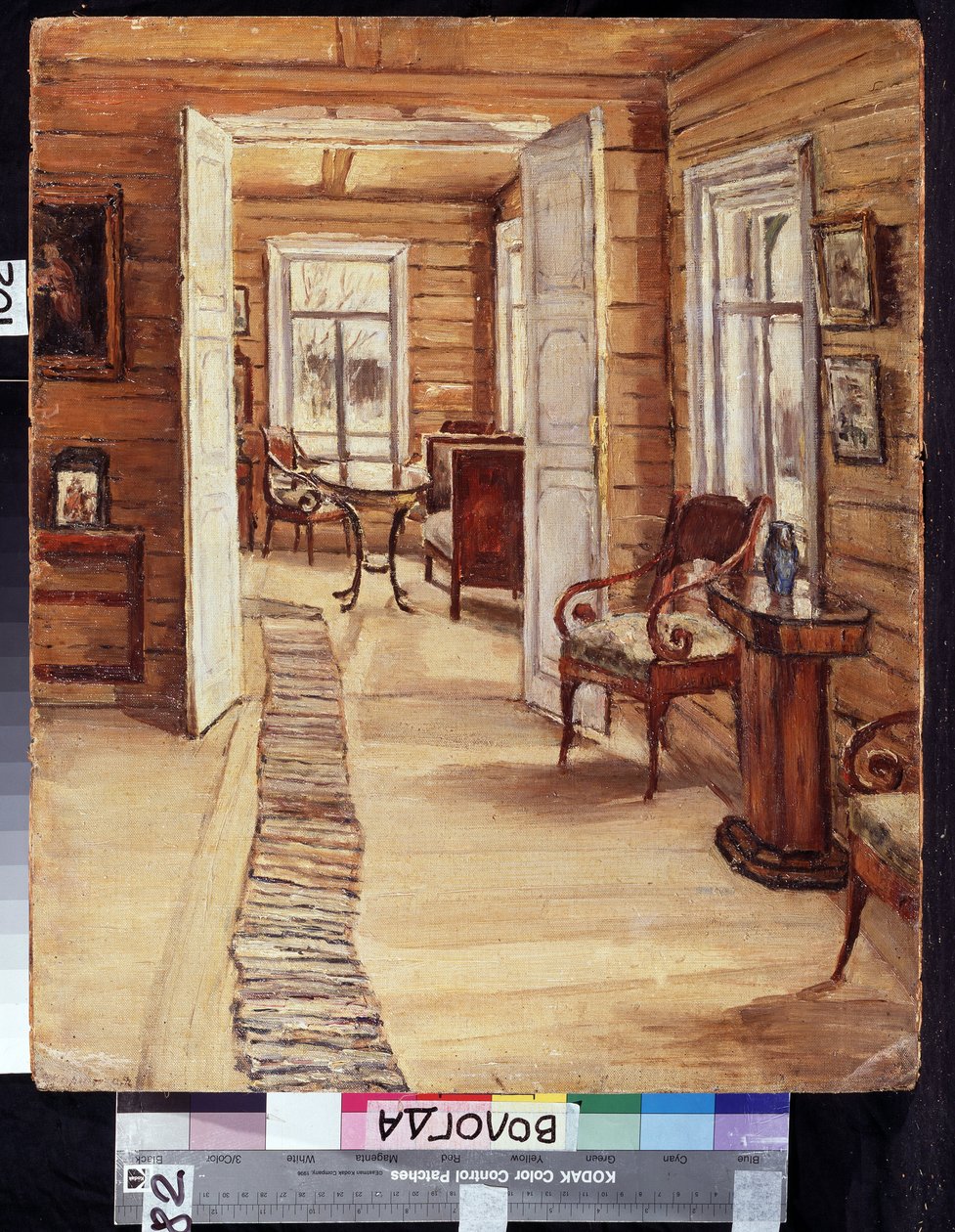 Interior da casa patrimonial de L.Panteleyev em Murmanov (Rússia). Descrição do mobiliário e decoração da casa de madeira. Pintura de Anna Nikolayevna Karinskaya (1871-1931), óleo de Anna Nikolaeva Karinskaya