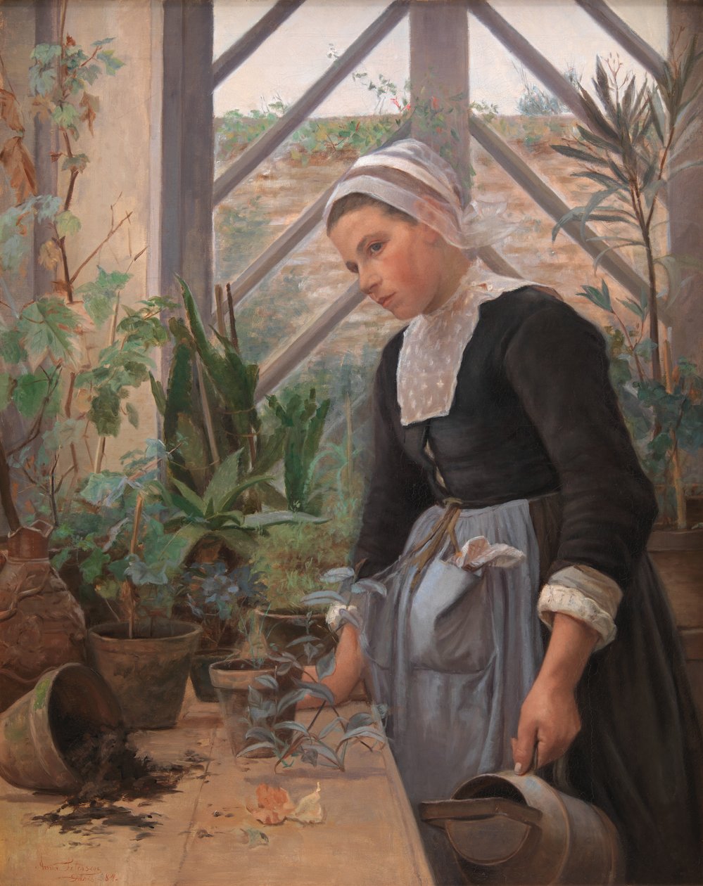 Garota bretã cuidando de plantas na estufa de Anna Petersen