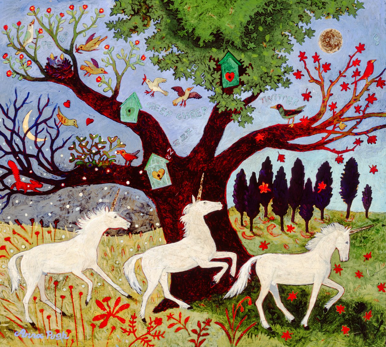 3 unicórnios por árvore de Anna Pugh