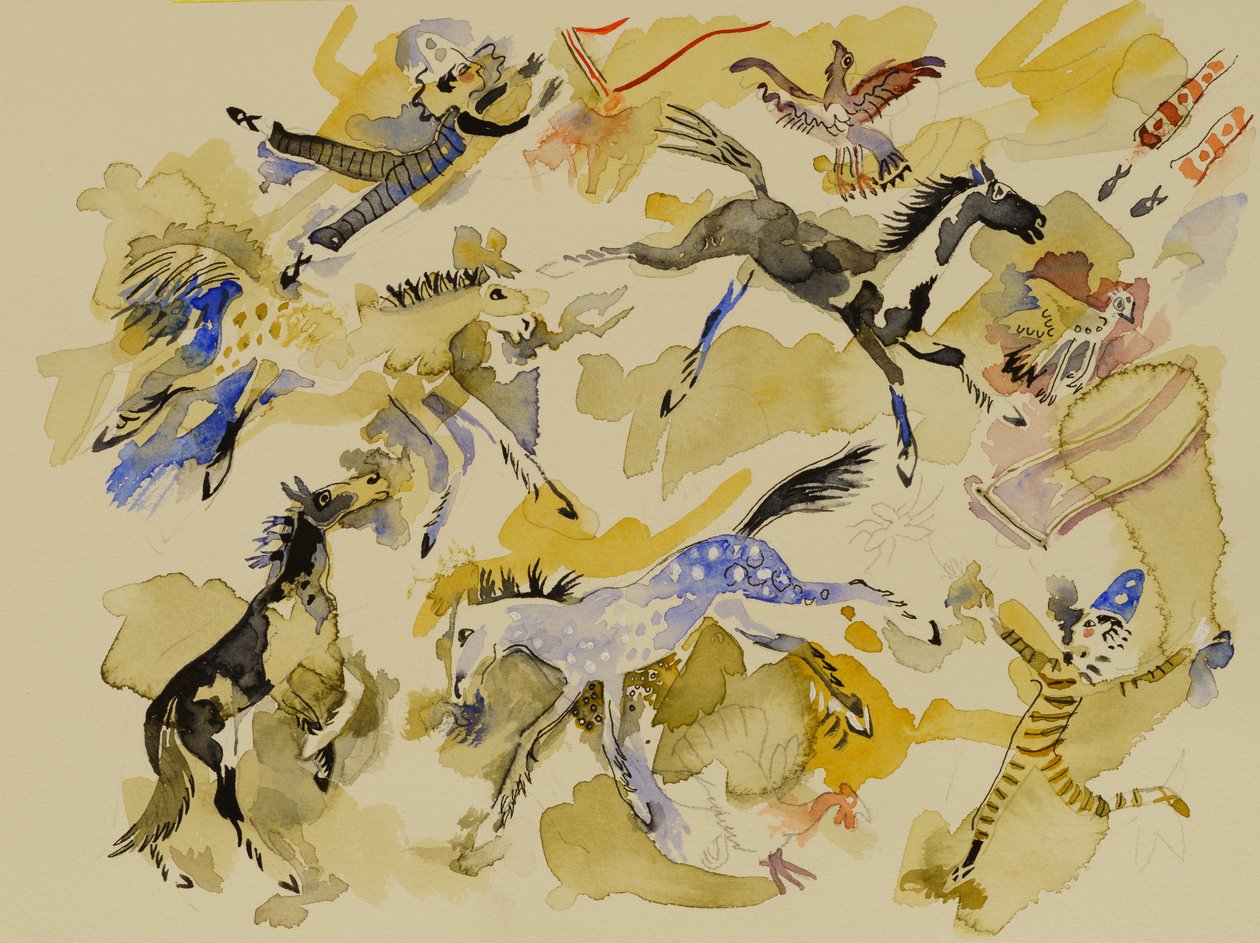 Cavalo e palhaços, 2023 (aguarela) de Anna Pugh