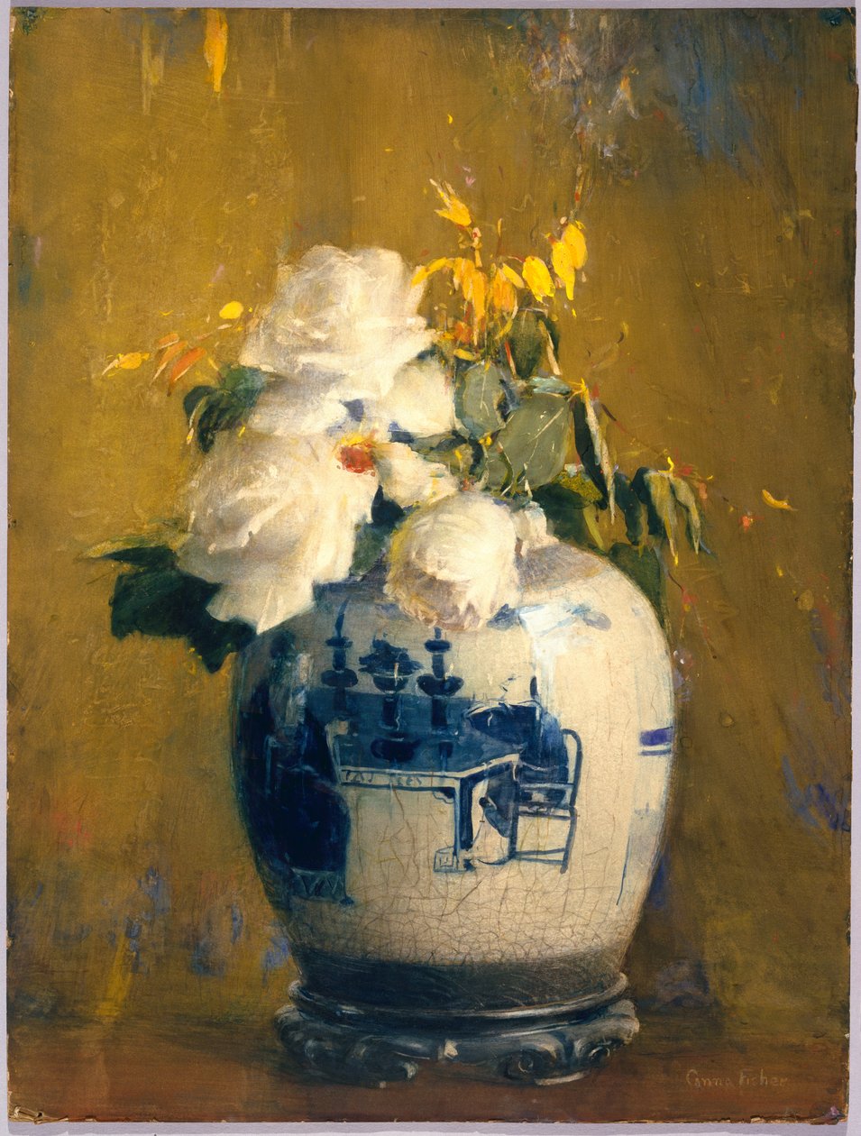 As Rosas Brancas, antes de 1922 (aguarela opaca, grafite, toques de pastel e toques de aguarela transparente sobre papel creme, moderadamente espesso, ligeiramente texturado, montado em cartão de pasta de madeira) de Anna S. Fisher