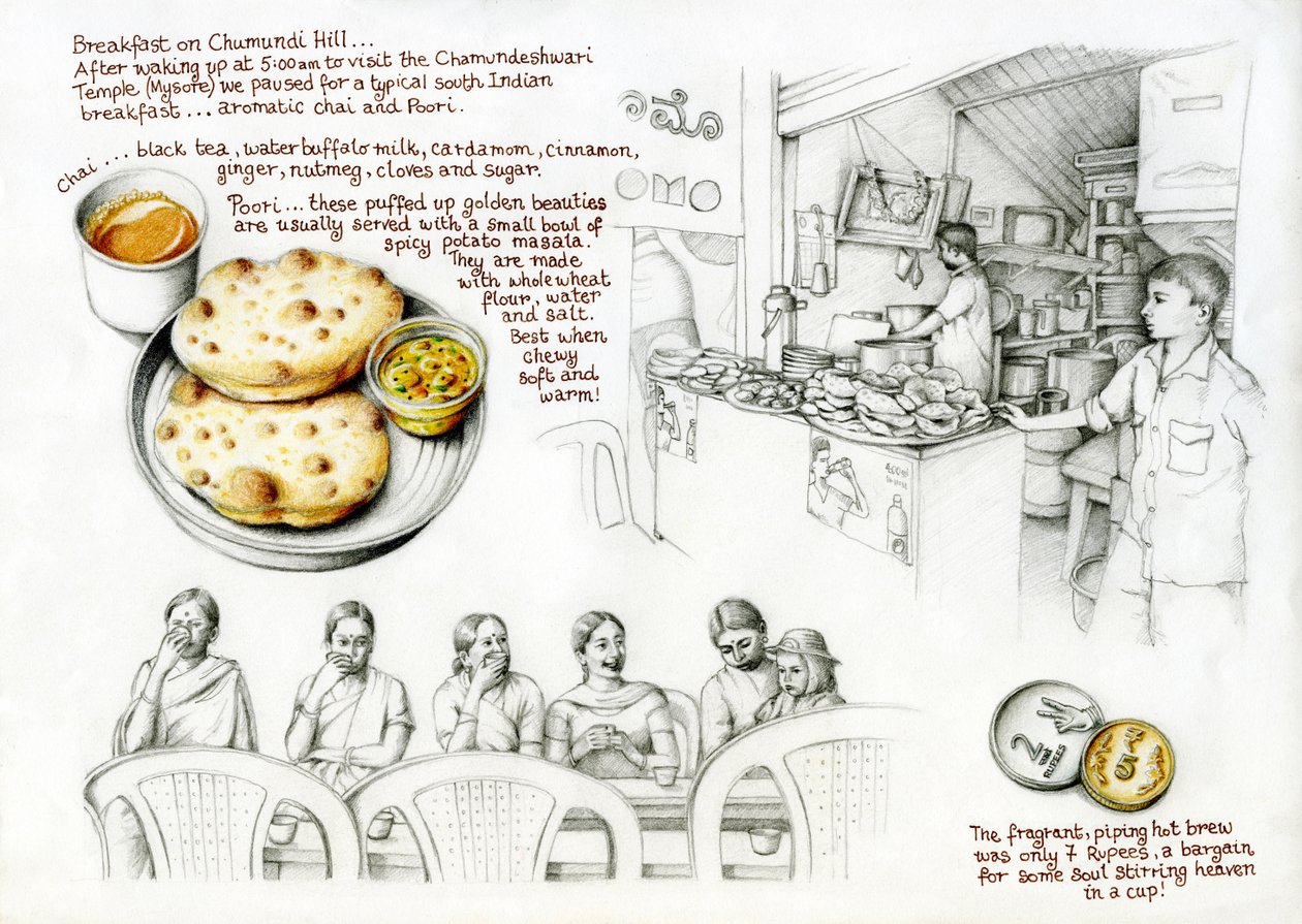 Pequeno-almoço na colina de Chumundi, 2020 (lápis de cor e lápis) de Annalisa Morrocco