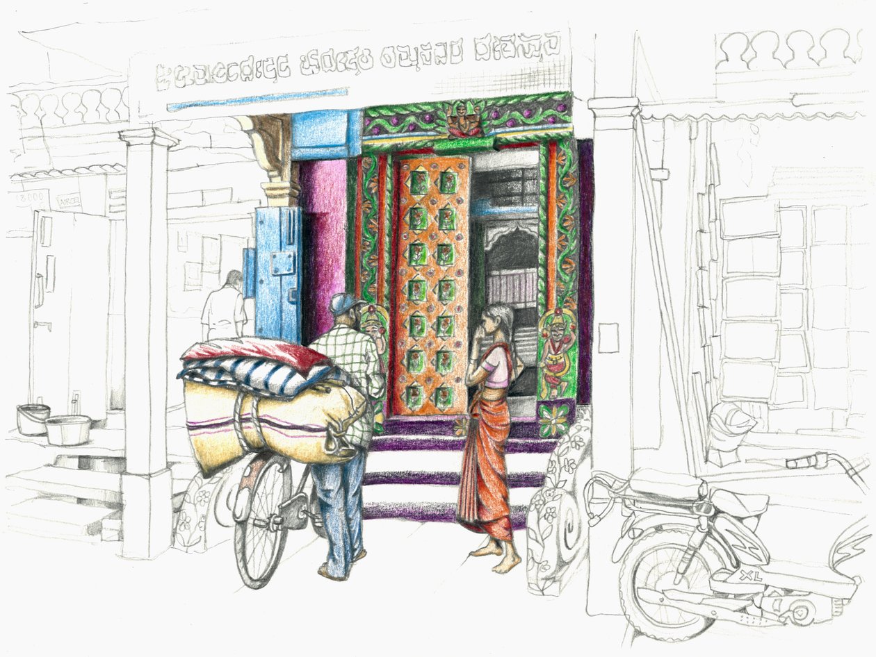 Comerciante de tecidos, 2018 (pastel e lápis) de Annalisa Morrocco