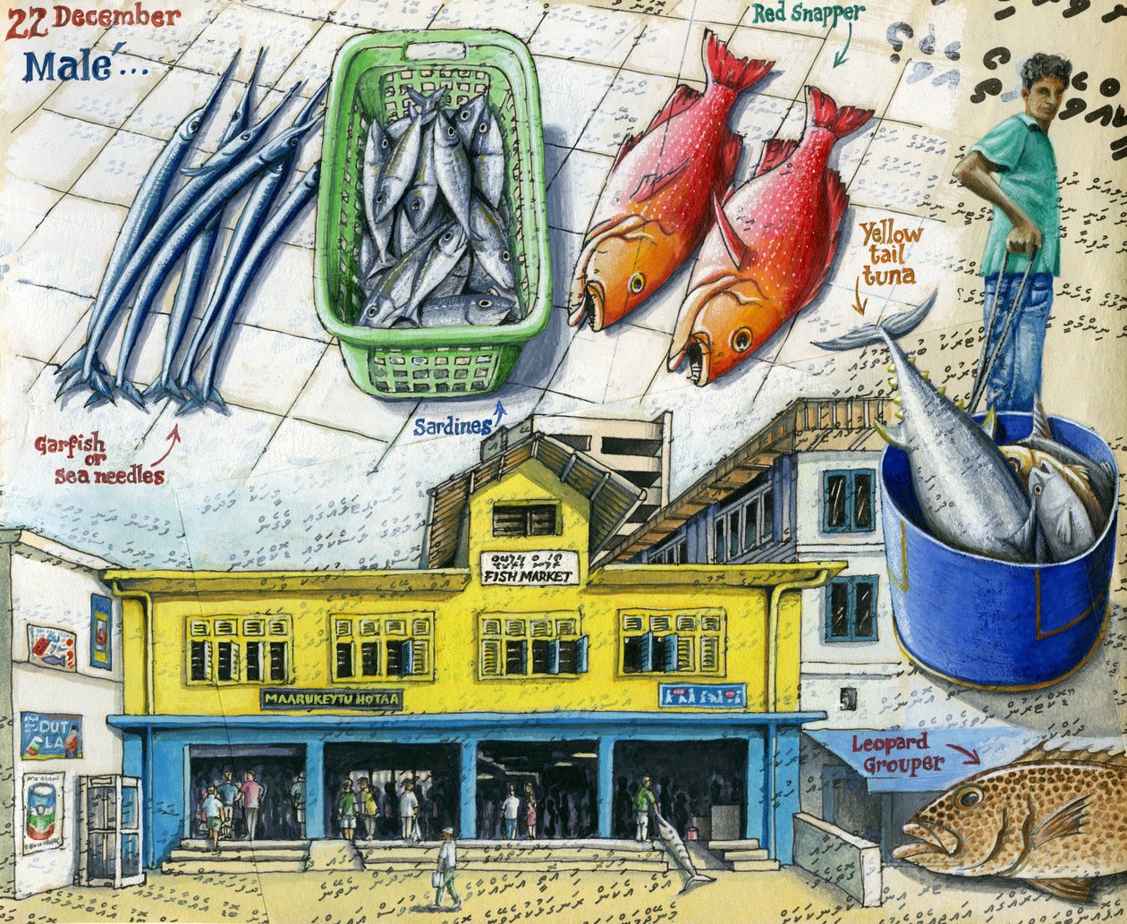 Mercado do peixe, 2018 (guache e caneta) de Annalisa Morrocco
