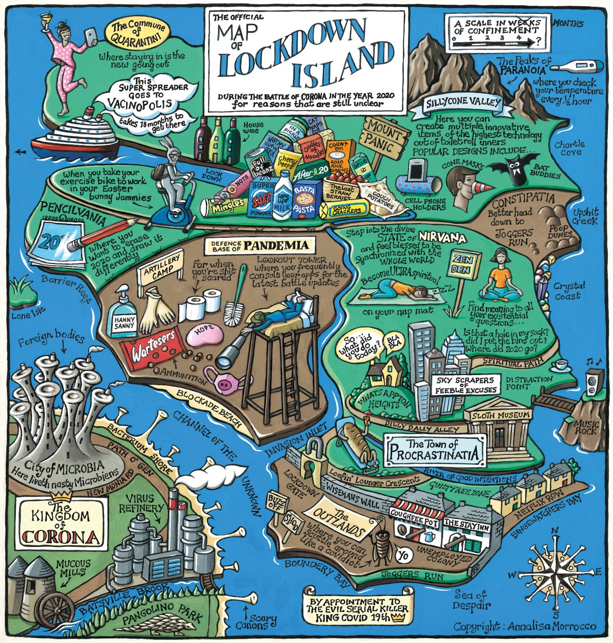 Mapa da ilha de Lockdown, 2020 (acrílico sobre papel) de Annalisa Morrocco