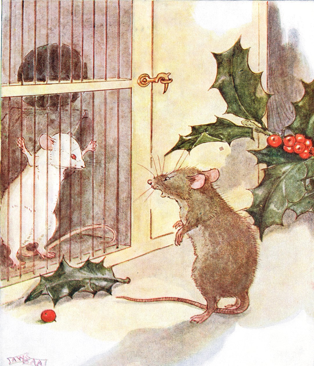 "Vi uma prisão e nela o fantasma branco de um rato", ilustração de "O livro malicioso de Mousie", publicado por Thomas Nelson und Sons, década de 1920 de Anne Anderson
