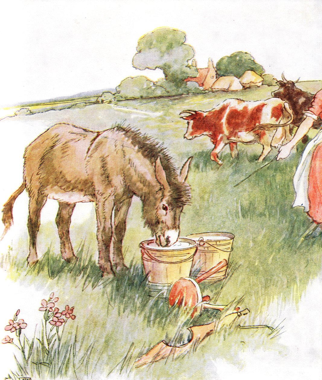 "Vi dois baldes cheios de leite e tinha uma bebida longa e adorável", ilustração de "The Naughty Neddy Book", publicada por Thomas Nelson und Sons, década de 1920 de Anne Anderson
