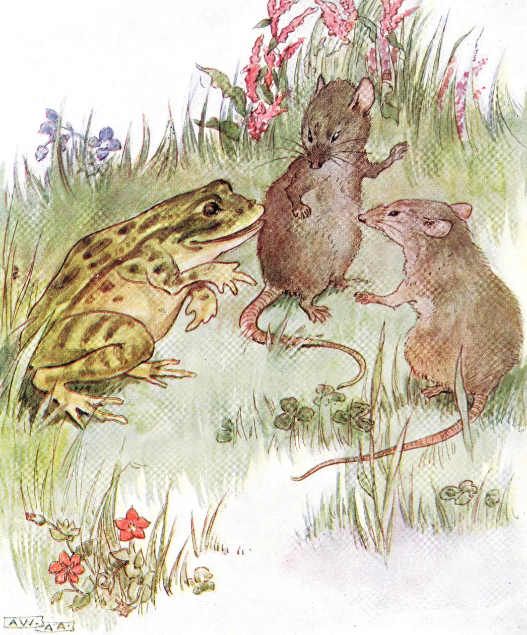 "Estava conversando com a linda senhorita Mouse", ilustração de "O livro malicioso de Mousie", publicado por Thomas Nelson und Sons, na década de 1920 de Anne Anderson