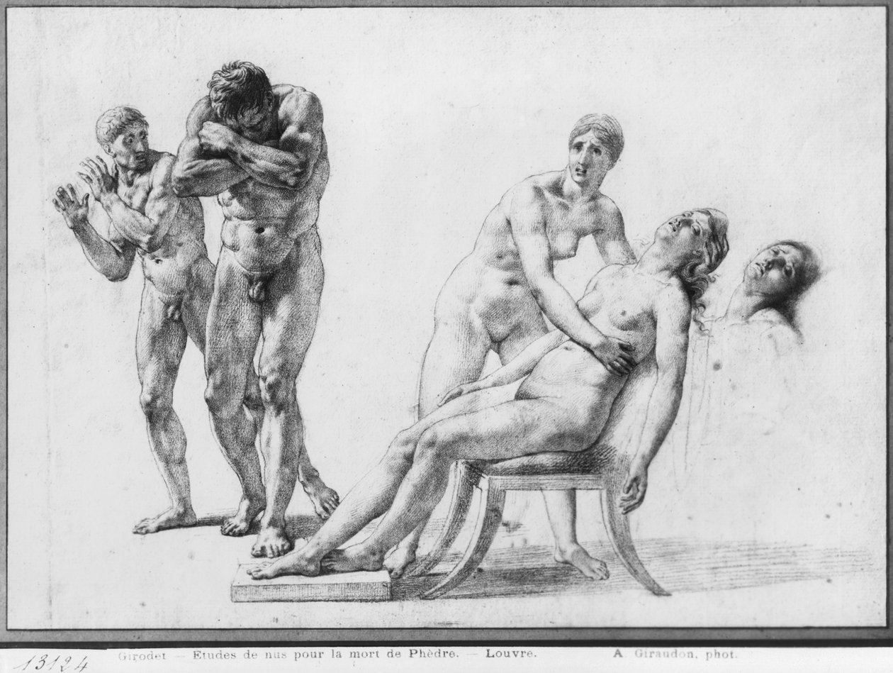 Death of Phaedra, esboço preliminar para a ilustração das Obras Completas de Racine, Act V Scene VII, publicado em 1801 (lápis preto sobre papel) de Anne Louis Girodet de Roucy Trioson