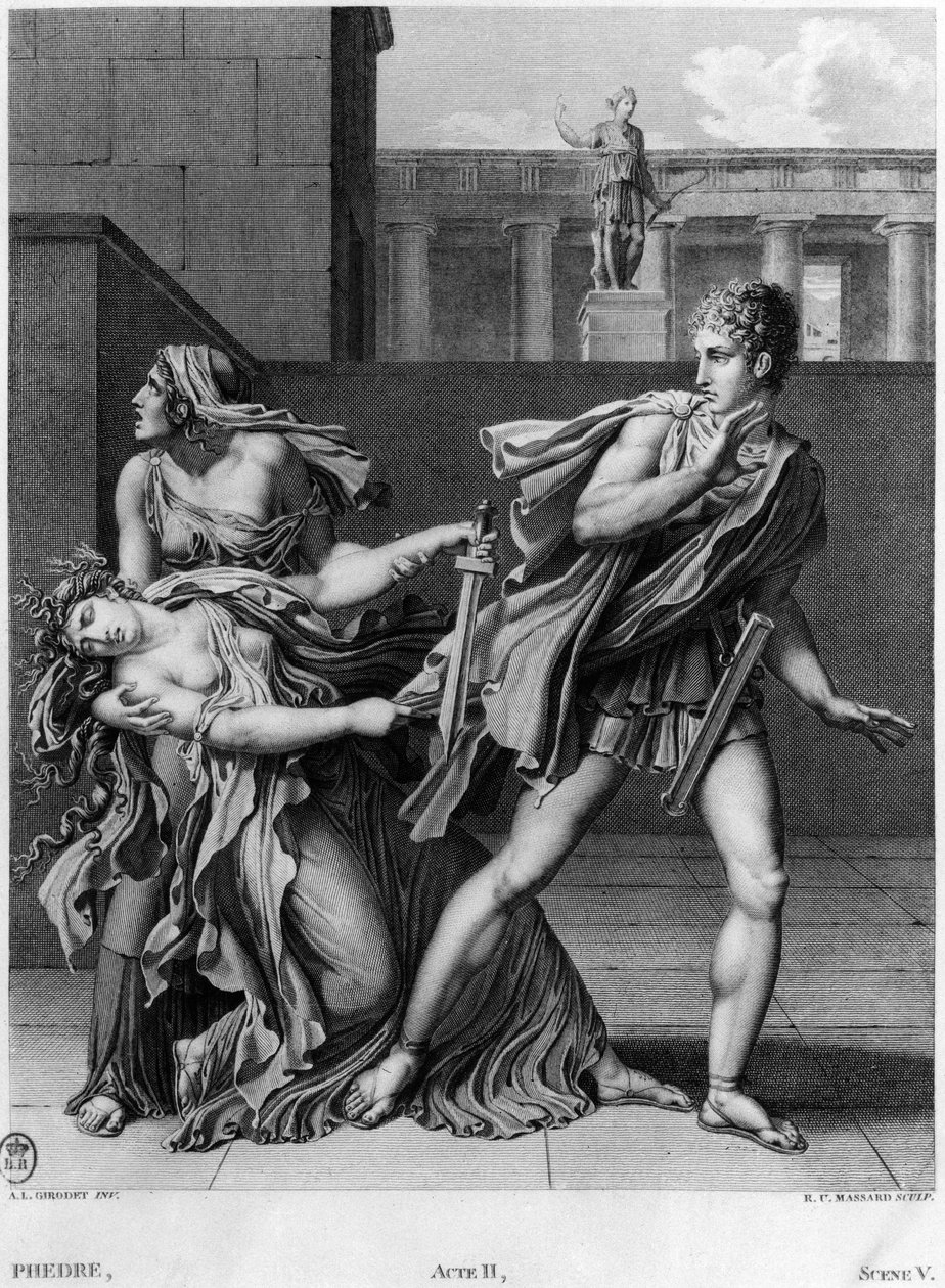 Phaedra, Oenone e Hipólito, ilustração do Ato II Cena 5 de &39;Phedre&39; por Jean Racine (1639-99) gravado por Raphael Urbain Massard (1775-1843) 1824 de Anne Louis Girodet de Roucy Trioson