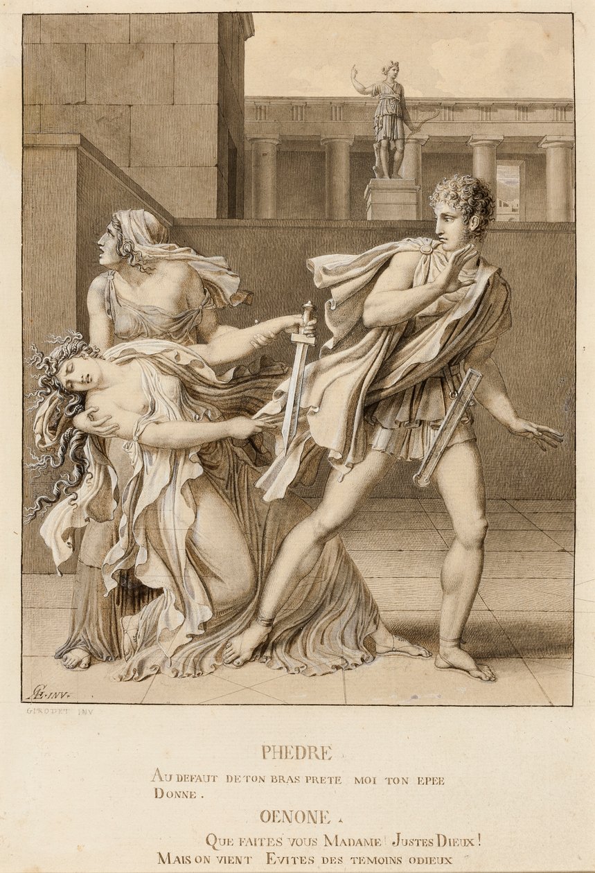 Fedra, tendo declarado sua paixão, tenta se matar com a espada de Hipólito de Anne-Louis Girodet de Roucy-Trioson