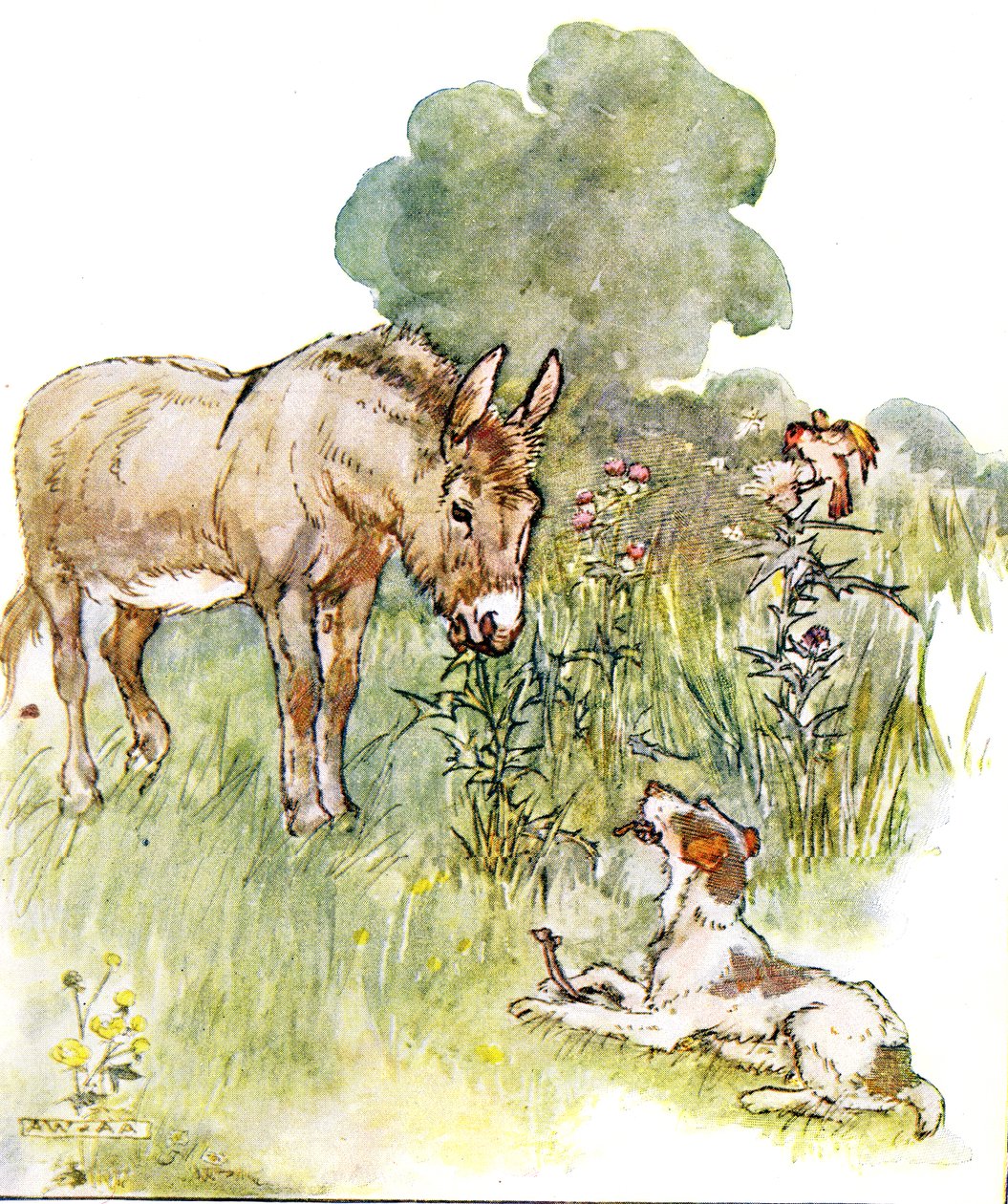 "Tive uma conversa com Ponto que chegou ao meu campo com um osso", ilustração de "The Naughty Neddy Book", publicado por Thomas Nelson und Sons, década de 1920 de Anne Anderson