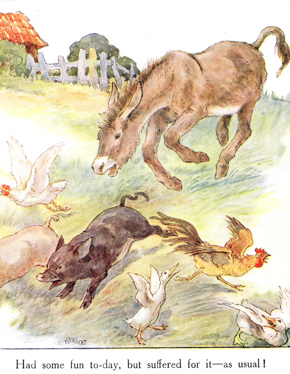 "Divertiram-se hoje, mas sofreram por isso - como de costume!", Ilustração de "The Naughty Neddy Book", publicada por Thomas Nelson und Sons, década de 1920 de Anne Anderson