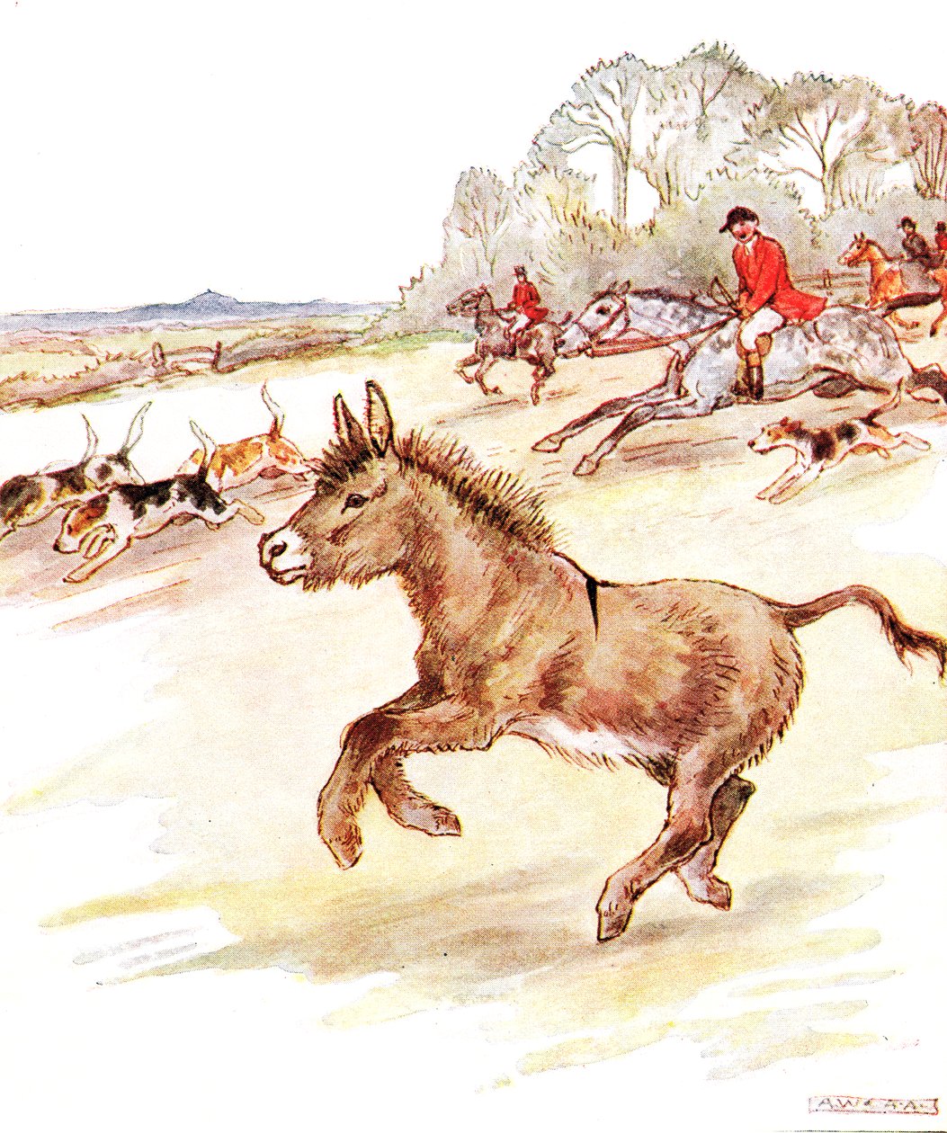 &39;Tive o tempo da minha vida hoje. Homens de casacos vermelhos em cavalos e muitos cachorros vieram galopando pelo meu campo &39;, ilustração de&39; The Naughty Neddy Book &39;, publicado por Thomas Nelson und Sons, década de 1920 (colou de Anne Anderson