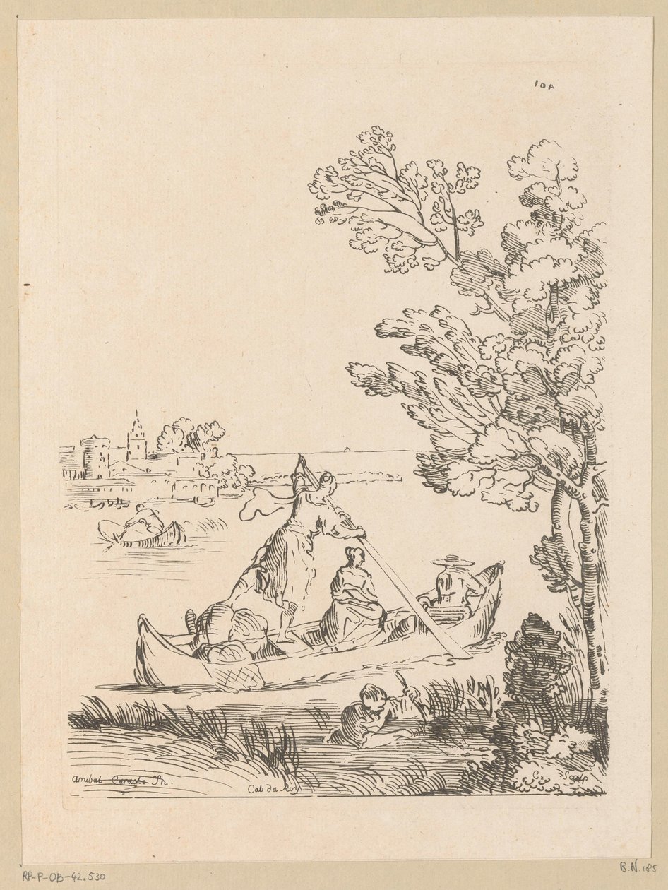 Paisagem do rio com um barco remado por uma mulher Cabinet du Roy (título da série no objeto) de Anne Claude Philippe Caylus
